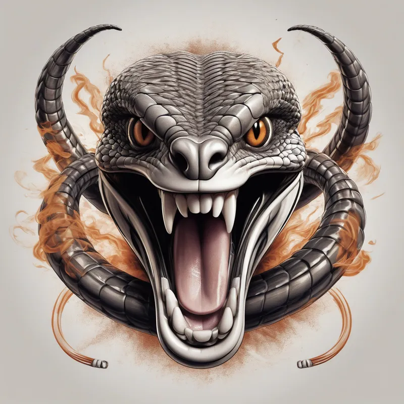 Bullet-Bite Cobra - A bold, graphic rendering of a cobra mid-strike, its face fierce and expressive, with gunfinger hands replacing its fangs, smoke and energy radiate from the mouth, emphasizing its power and speed. - AI image generated with Stable Diffusion XL - typography drawing, master shot