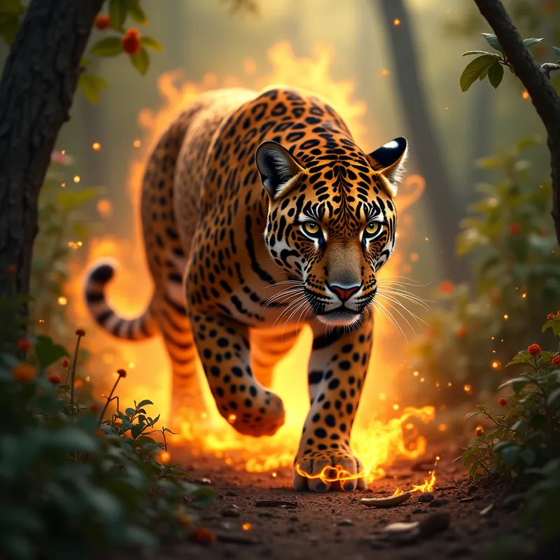 Burning Elegance - An elegant jaguar surrounded by flames, majestically moving through a lush, sunlit forest in Mexico. - AI image generated with Photorealistic 2