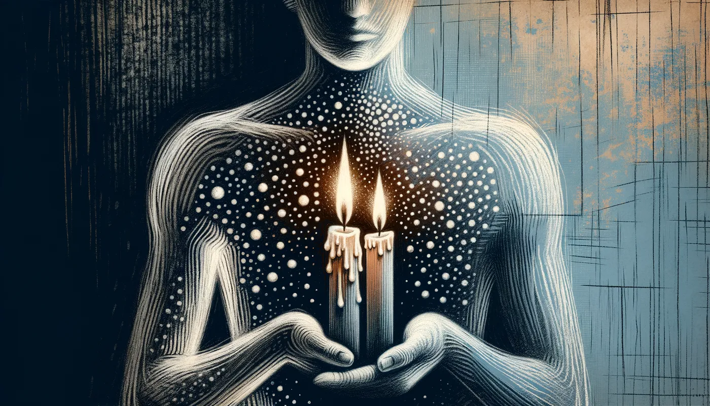 Burnout - An image of a double-ended burning candle within the transparent outline of a person. The candle represents their depleting energy and life force. The background shifts from light to dark, illustrating the diminishing vitality caused by relentless stress and pressure. - AI image generated with Art - chalk, stippling drawing, abstract