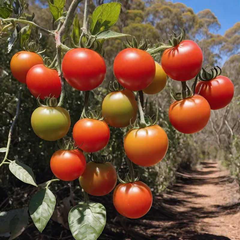 Bush Bounty - Ripe, juicy bush tomatoes glistening in the dappled sunlight, surrounded by the diverse flora and fauna of the Australian wilderness. A sense of abundance and connection to the land permeates the scene. - AI image generated with Fictional