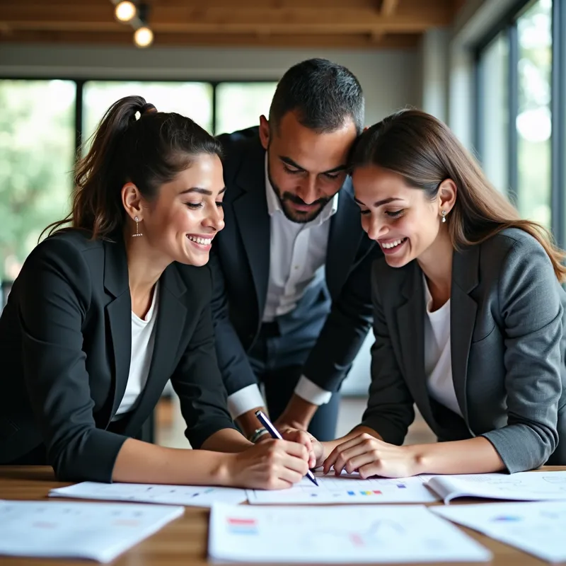Business Meeting with Project Discussion - Two Brazilian women and a man in a meeting, wearing corporate attire, leaning over a project. They look at the project and discuss their ideas. - AI image generated with Photorealistic 2