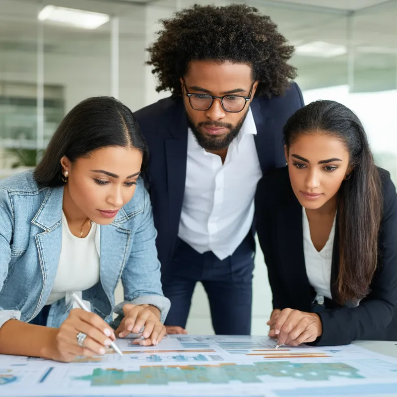 Business Meeting with Project Discussion - Two Brazilian women and a man in a meeting, wearing corporate attire, leaning over a project. They look at the project and discuss their ideas.