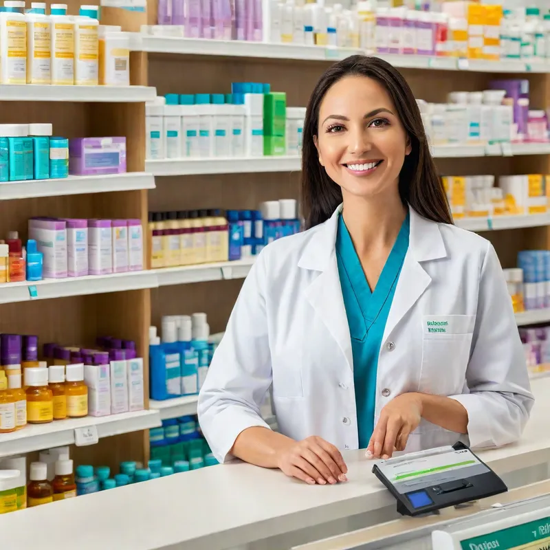 Busy Pharmacy Counter - A bustling pharmacy counter with a friendly pharmacist assisting customers. Shelves behind the counter are filled with a variety of medicines and health products. Customers are patiently waiting in line, while some are browsing through health and wellness items on nearby shelves. The atmosphere is clean, organized, and well-lit. - AI image generated with Photorealistic