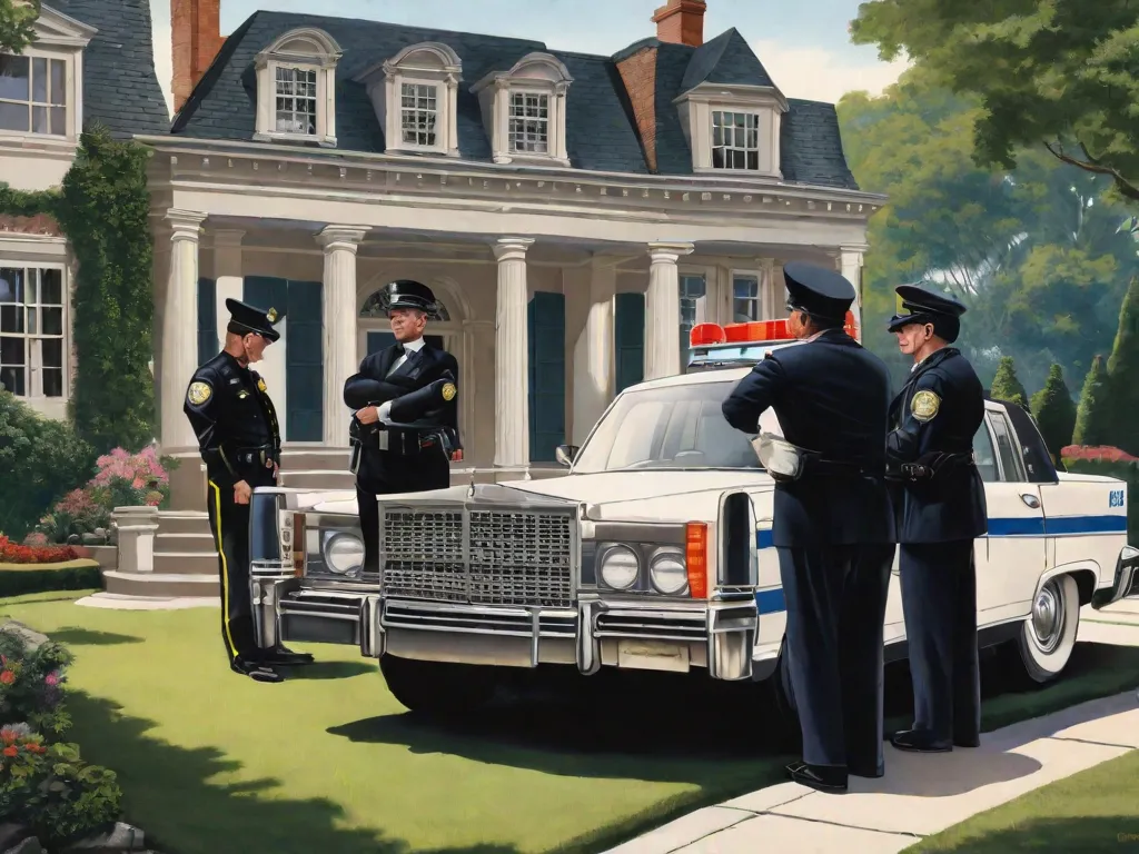 Butler's Arrest at Grand Mansion - an elderly butler in handcuffs getting into a police car with a police officer near the back door of the car and another next to the butler, the car is stopped in front of a mansion, the scene should show the car in a smaller proportion to the mansion - AI image generated with Fictional