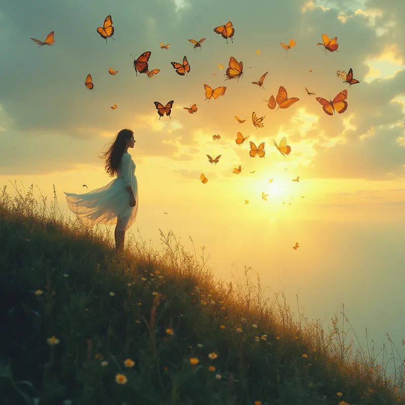 Butterfly Ascendance - A solitary figure gazes serenely from a windswept hill as the first rays of sunlight pierce the tranquil dawn. As they open their eyes, a cascade of colorful butterflies springs forth, illuminating the air with magical energy. This master shot features dramatic HDR, nostalgic textures, and color harmony inspired by J.M.W. Turner's luminous landscapes. Captured in the style of vintage photography with a Nikon D700 and Nikkor 50mm lens, evoking picture of the day magic. - AI image generated with Photorealistic 2 - nostalgic vintage scene, picture of the day, highlights: Nikon D700, Nikkor 50mm 1.8