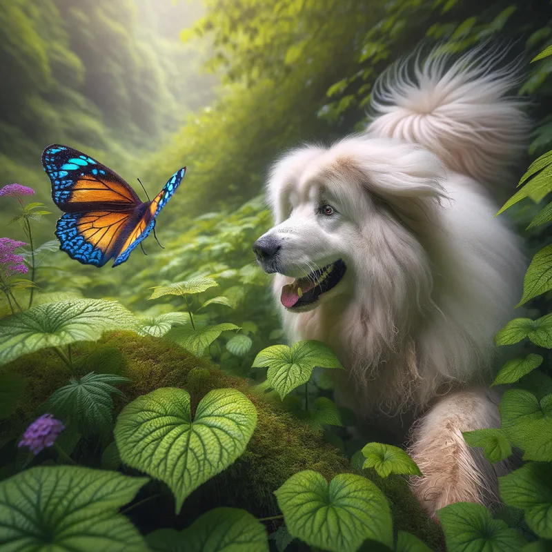 Butterfly Ballet - A majestic dog with a fluffy, white coat elegantly chasing a vibrant butterfly in a lush, natural setting. - AI image generated with Art