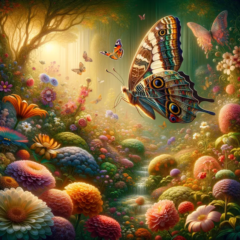 Butterfly's Blossom Bounty - An imaginative composition showcasing a butterfly gracefully exploring a lush, diverse garden filled with an array of vibrant flowers, inviting a sense of joy and discovery. - AI image generated with Art