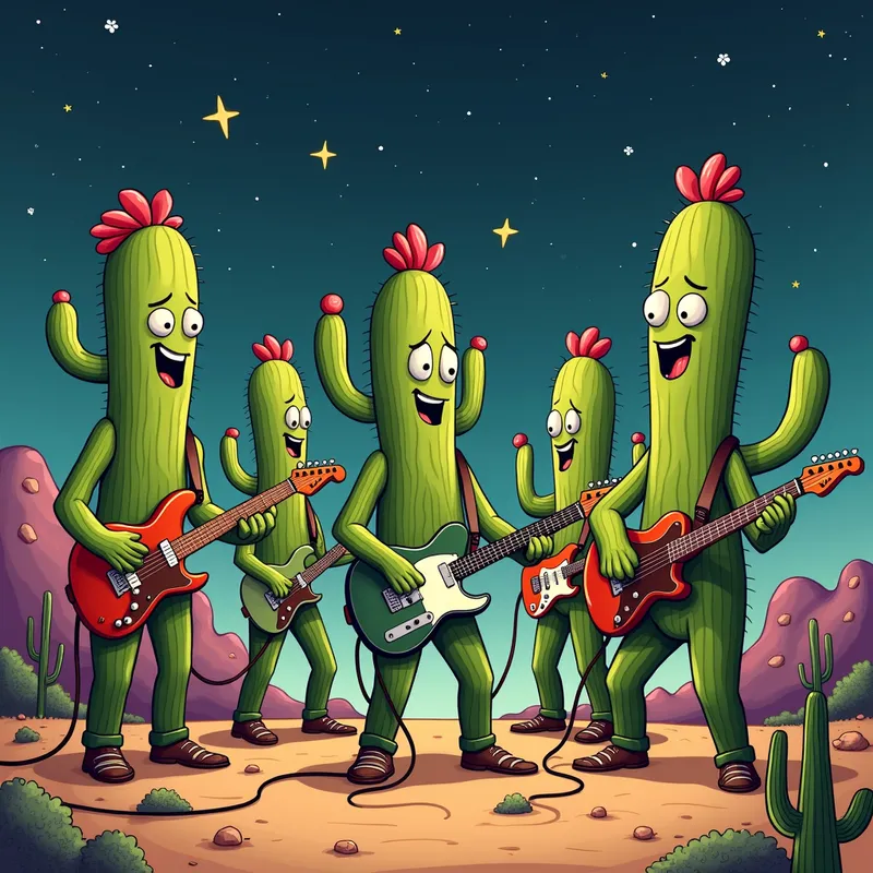 Cactus Rock Band - Imagine a rock band composed entirely of anthropomorphic cactuses, each with different personalities and musical instruments, performing energetically on a desert stage under starry night skies. - AI image generated with Photorealistic 2