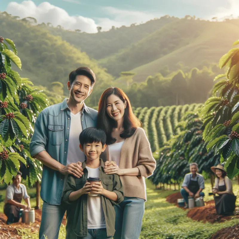 Cafe Family Farm - Familia feliz em uma linda fazenda com muitos pes de cafe imagem em alta qualidade - AI image generated with Art