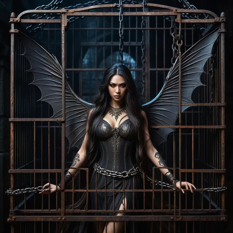 Caged Terror - An eerie scene featuring a female demon with long flowing hair, bat-like wings, and sharp claws, confined within an ancient, rusty cage, with chains and mystical engravings faintly glowing on the bars. - AI image generated with Fictional
