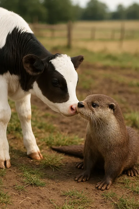 Calf and Otter Mom's First Meeting - generate a realistic, cute meeting between a baby cow and a momma otter - AI image generated with GPT Image