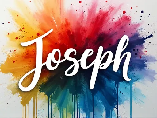 Calligraphic Joseph - The exact text 'Joseph' beautifully scripted in white cursive calligraphic font with intricate trails, against a harmonious background of multicolor alcohol ink on glass style. - AI image generated with Photorealistic 2