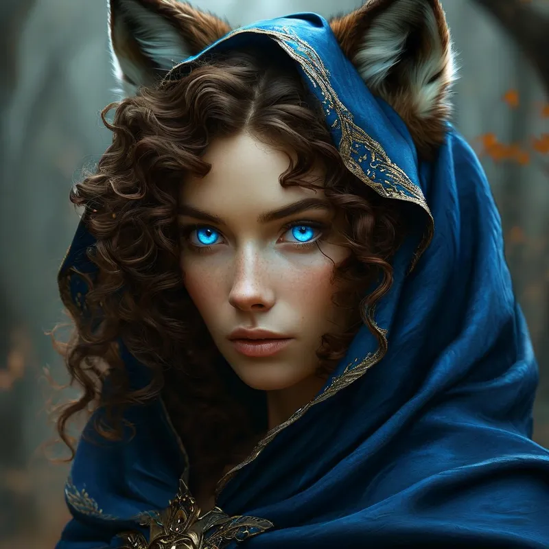 Call of the Wolf Sorceress - An enchanting woman draped in a deep blue cloak, brown curly hair framing her face and distinctive wolf ears showing. She gazes with intense blue eyes and reaches forward as if beckoning the viewer into a magical world. - AI image generated with Nova Canvas
