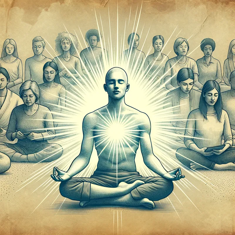 Calm Amidst Chaos - A single person calmly doing breathwork deeply, seated in a meditative pose, surrounded by a soft, glowing aura symbolizing strength, health, and happiness, while a chaotic group behind them is lost in their detailed health plans. - AI image generated with Art - nostalgic vintage scene, minimalist line art, stippling drawing