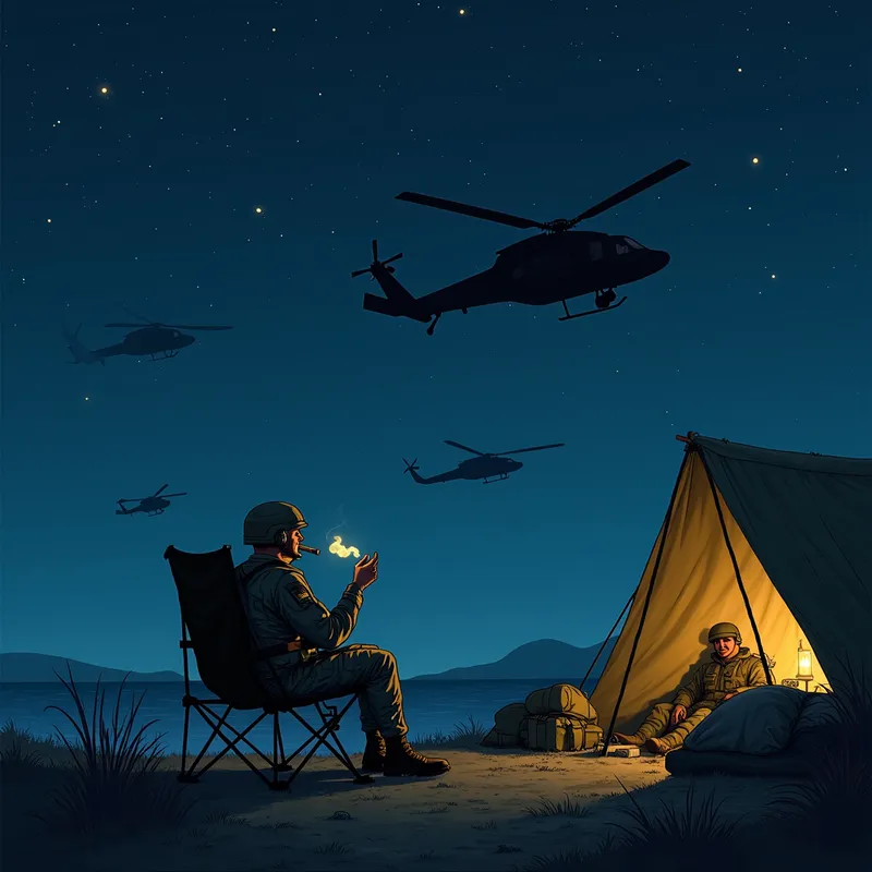 Calm Before the Storm - A serene night scene depicting soldiers resting and refitting outside their sleeping area. One soldier is sitting on a field chair, lighting up a cigar and looking up at the starry night sky. Black Hawk helicopters are seen flying above like sharks in the ocean, creating a contrast between the calmness on the ground and the vigilant presence above. - AI image generated with Photorealistic 2
