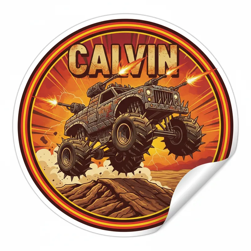 Calvin’s Blazing Dirt Jumper - A massive, apocalypse-ready monster truck with spiked wheels and machine guns shooting, soaring over a rugged dirt mound. 'Calvin' text in distressed font sits above the truck, all arranged within a vibrant circle sticker design. - AI image generated with Nano Banana