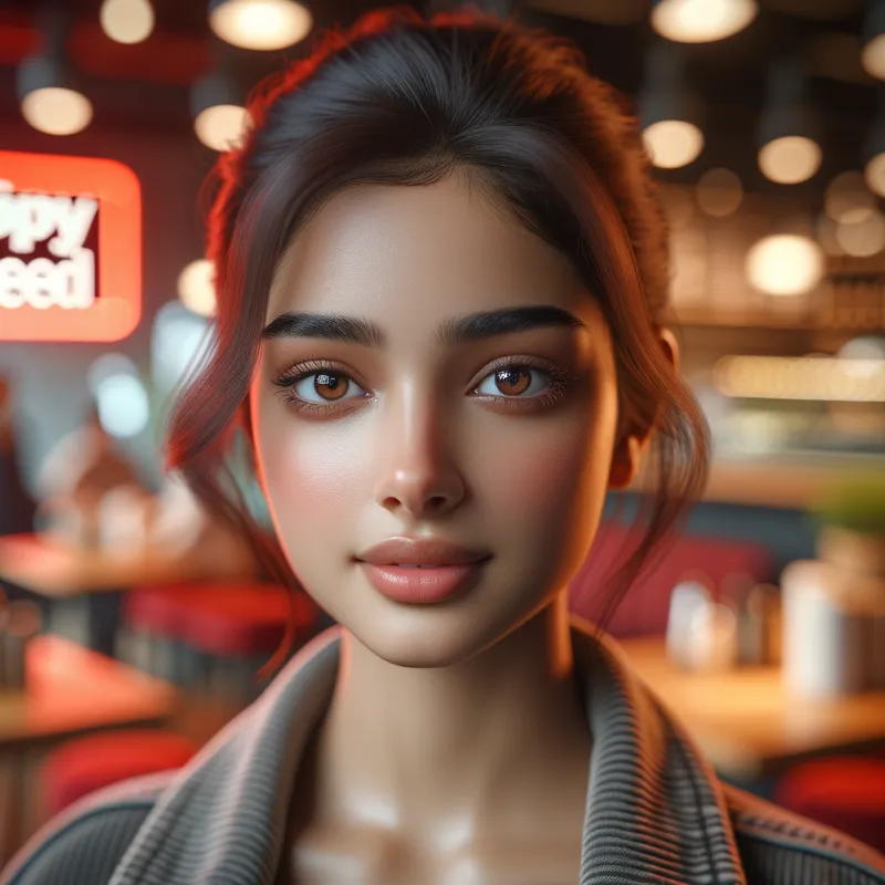 Candid Cafe Moment - A cinematic, hyper-realistic portrait featuring a beautiful modern Indian girl with medium skin tone in a trendy cafe environment. She wears natural makeup and stylish casual clothes, and has soft facial features. The cafe is decorated with red and white branding elements and a 'ZippyFeed' neon sign, slightly blurred in the background to emphasize depth. The soft, ambient lighting and warm atmosphere keep the focus sharp on the girl in a candid moment. - AI image generated with Art