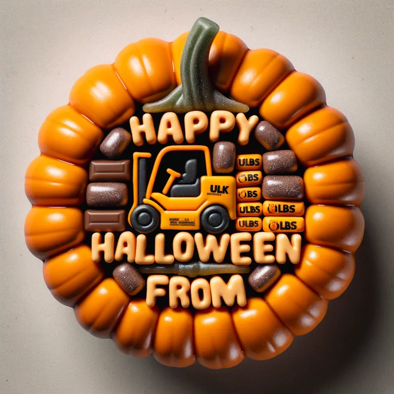 Candy Message in a Pumpkin Bowl - A top-down image of a pumpkin bowl filled with Halloween candies that spell out 'Happy Halloween from ULBS'. Among the candies, some are crafted into tiny forklift shapes. - AI image generated with Art