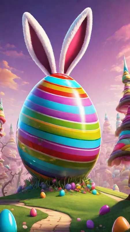 Candyland Egg Odyssey - Cartoon poster of an oversized colorful candy easter egg, with bunny ears sprouting out of the top, set in candyland,  insanely detailed, clear and in focus  - AI image generated with Fictional - master shot, doodle, Giger