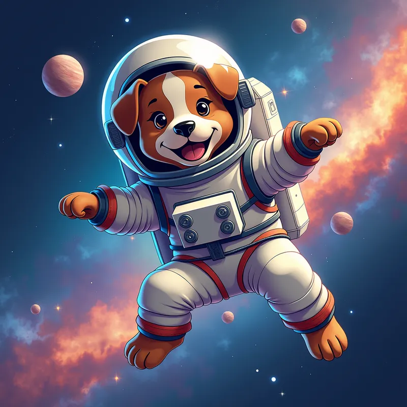 Canine Cosmonaut - A whimsical and adventurous illustration of a dog dressed as an astronaut, floating in the serene expanse of outer space. The dog wears a shiny, reflective spacesuit complete with helmet, and is surrounded by distant stars, planets, and colorful nebulae. The background showcases the majesty of the cosmos with vibrant interstellar elements creating a fantastical and inspiring scene. - AI image generated with Photorealistic 2