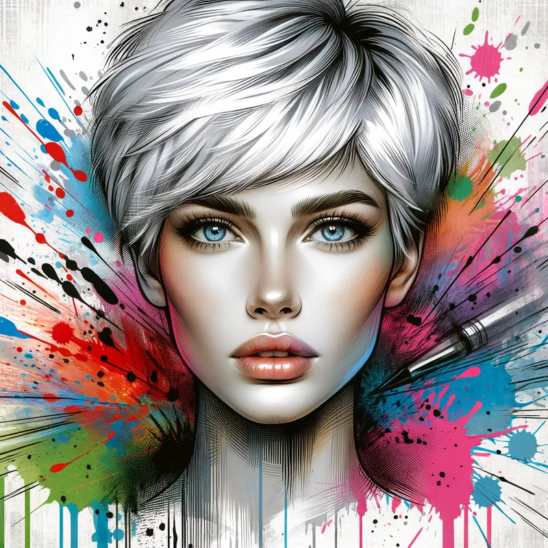 Captivating Chromatic Chaos - Colorful artistic woman in short blond platinum dispelled hair isolated on white background grunge background with graffiti and paint, capturing the intense nature. this art piece showcases a color zone painting technique with a striking color splash effect. - AI image generated with Art
