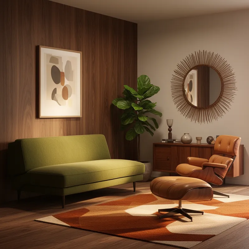 Caramel Lounge Chair Perspective Interior - A highly detailed 4k photorealistic mid-century modern living room interior mockup viewed from a slight perspective angle, featuring a walnut wood accent wall with a large framed art print displayed at a natural angle, avocado green low-profile sofa, teak credenza, fiddle leaf fig plant, sunburst mirror, caramel leather Eames-style lounge chair, abstract geometric rug in burnt orange and cream, and soft warm directional lighting creating gentle realistic shadows in a professional interior photography style. - AI image generated with Flux 2