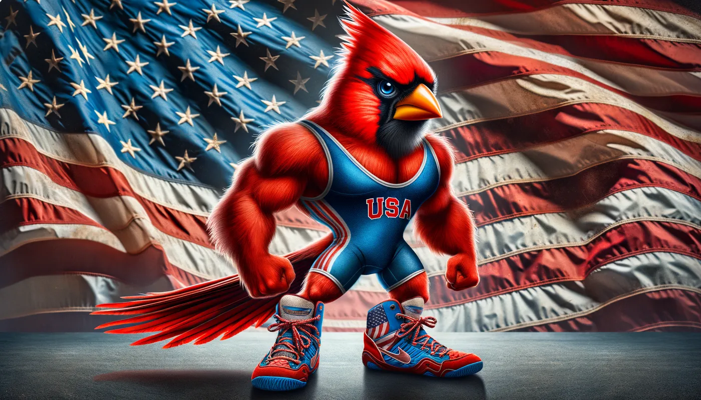 Cardinal Champion - A striking cardinal dressed in a blue wrestling singlet and vibrant red wrestling shoes, standing valiantly before a waving American flag, showcasing the power of sportsmanship. - AI image generated with Art