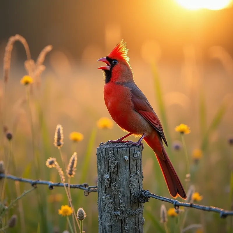 Cardinal Singing on Country Fence at Sunrise - A true-to-life image of a male northern cardinal perched on a weathered wooden fence post speckled with lichen, beak open mid-song at sunrise. Warm low-angle light, long-lens compression, meadow grasses and wildflowers softly blurred behind, clean composition, realistic textures and color accuracy. - AI image generated with Photorealistic 2