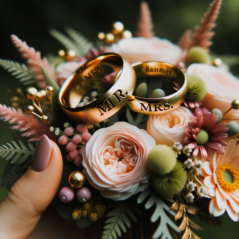 Carlsen's Wedding Ring Garden - floral garden. two large his and hers yellow gold wedding rings. with the inscription "Mr.Darryl Carlsen"  "Mrs.
Magie Carlsen"   - AI image generated with Art