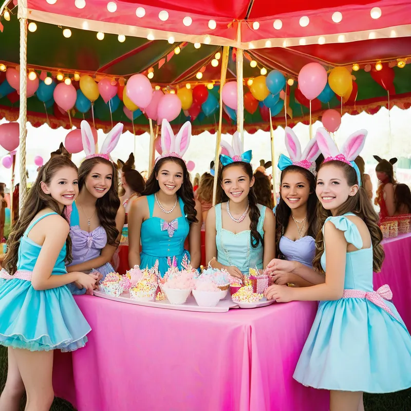 Carnival Fun - A vibrant sweet 16th birthday carnival-themed party where rabbits are enjoying rides, playing games, eating cotton candy, and wearing fun costumes. - AI image generated with Photorealistic