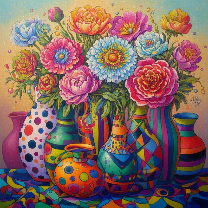Carnival of Petals - A colorful and enchanting still life masterpiece with stylized flowers full of intricate petal detail, displayed in eclectic vases adorned with bold polka dots, vibrant stripes, and expressive geometric patterns. The scene feels whimsical, artistic, and full of wonder, with dynamic color harmony, elegant composition, and a fantastical sense of beauty. - AI image generated with Flux 2