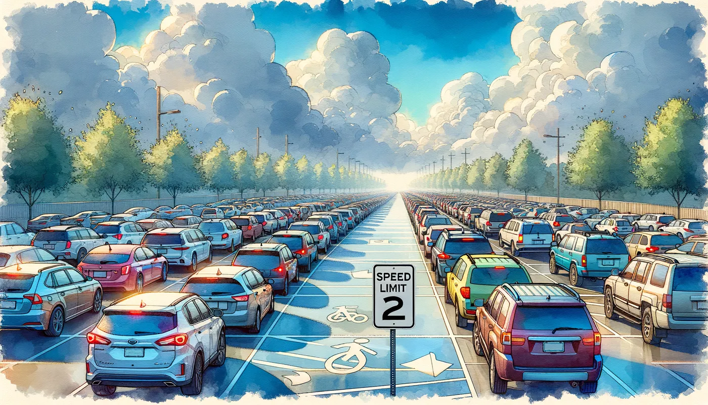 Carpark Traffic - WATERCOLOR TRAFFIC LINE UP IN A SCHOOL CARPARK WITH A SPEED LIMIT OF 5 MPH - AI image generated with Art