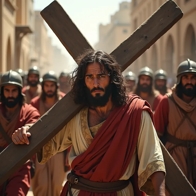 Carrying the Cross - Jesus carrying the cross through the streets of Jerusalem, surrounded by Roman soldiers and jeering crowds. His face shows physical agony and unwavering resolve, with a dusty and harsh environment depicting the struggle of his journey. - AI image generated with Photorealistic 2 - photorealistic, Raphael