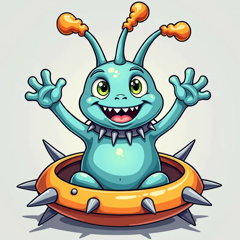 Cartoon Alien Encounter - Detailed line art illustration A cartoonish, bright pastel blue alien creature, positioned centrally in the image. The creature has a bulbous, teardrop shape body, and three large, expressive, light-green eyes.  Three curved, turqoiselur fleshy tube-like appendages extend from its head with orange water spraying from the top. It is wearing a gothic collar with enormous metal spikes sticking out of it. The creature has a cheerful, grinning expression, with visible, cartoonish teeth.  Its arms, also orange, are outstretched in a welcoming gesture. The creature is sitting in a brightly coloured spaceship with metal spokes sticking out from the sides. The background is a plain, light gray. The style is vibrant, playful, and exaggerated, with bold outlines and bright colors. The lighting is even, casting no significant shadows. The creature's pose is friendly and inviting. The overall impression is of a friendly, cartoon alien character. - AI image generated with Photorealistic 2