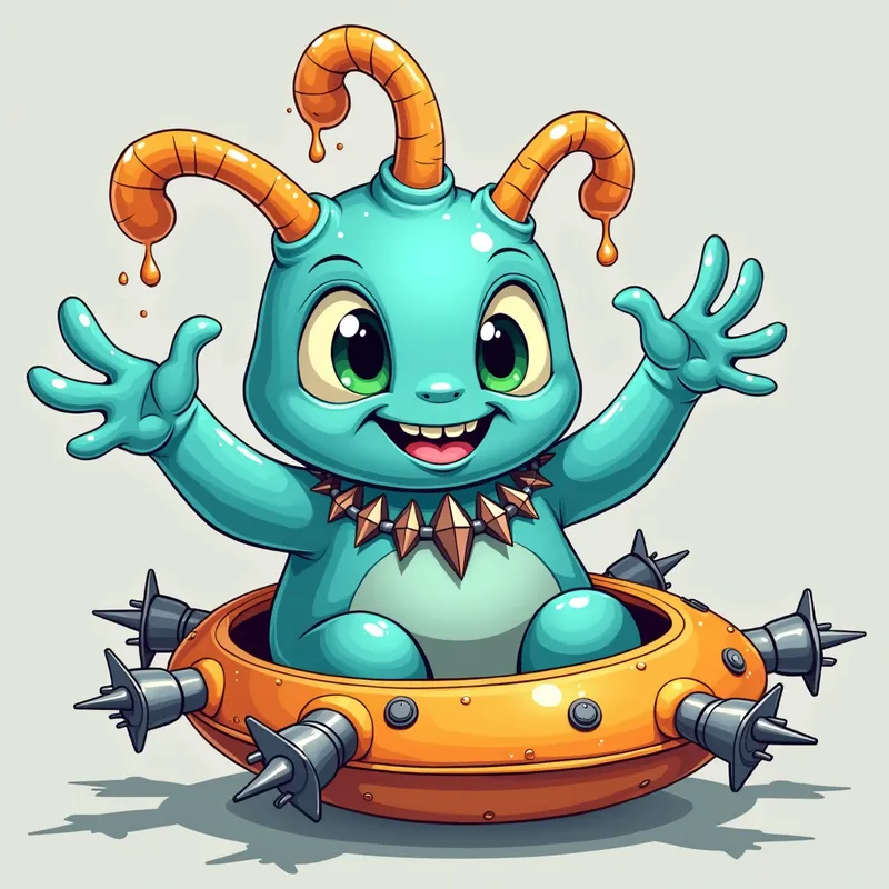 Cartoon Alien Encounter - Detailed line art illustration A cartoonish, bright pastel blue alien creature, positioned centrally in the image. The creature has a bulbous, teardrop shape body, and three large, expressive, light-green eyes. Three curved, turqoiselur fleshy tube-like appendages extend from its head with orange water spraying from the top. It is wearing a gothic collar with enormous metal spikes sticking out of it. The creature has a cheerful, grinning expression, with visible, cartoonish teeth. Its arms, also orange, are outstretched in a welcoming gesture. The creature is sitting in a brightly coloured spaceship with metal spokes sticking out from the sides. The background is a plain, light gray. The style is vibrant, playful, and exaggerated, with bold outlines and bright colors. The lighting is even, casting no significant shadows. The creature's pose is friendly and inviting. The overall impression is of a friendly, cartoon alien character. - AI image generated with Photorealistic 2