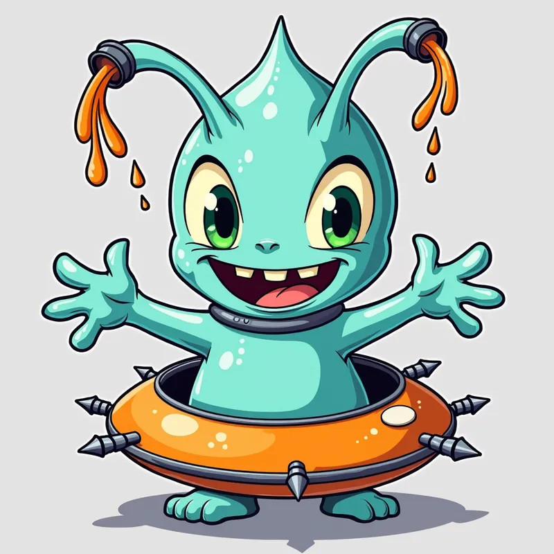 Cartoon Alien Encounter - Detailed line art illustration A cartoonish, bright pastel blue alien creature, positioned centrally in the image. The creature has a bulbous, teardrop shape body, and three large, expressive, light-green eyes. Three curved, turqoiselur fleshy tube-like appendages extend from its head with orange water spraying from the top. It is wearing a gothic collar with enormous metal spikes sticking out of it. The creature has a cheerful, grinning expression, with visible, cartoonish teeth. Its arms, also orange, are outstretched in a welcoming gesture. The creature is sitting in a brightly coloured spaceship with metal spokes sticking out from the sides. The background is a plain, light gray. The style is vibrant, playful, and exaggerated, with bold outlines and bright colors. The lighting is even, casting no significant shadows. The creature's pose is friendly and inviting. The overall impression is of a friendly, cartoon alien character. - AI image generated with Photorealistic 2