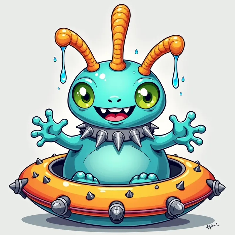 Cartoon Alien Encounter - Detailed line art illustration A cartoonish, bright pastel blue alien creature, positioned centrally in the image. The creature has a bulbous, teardrop shape body, and three large, expressive, light-green eyes.  Three curved, turqoiselur fleshy tube-like appendages extend from its head with orange water spraying from the top. It is wearing a gothic collar with enormous metal spikes sticking out of it. The creature has a cheerful, grinning expression, with visible, cartoonish teeth.  Its arms, also orange, are outstretched in a welcoming gesture. The creature is sitting in a brightly coloured spaceship with metal spokes sticking out from the sides. The background is a plain, light gray. The style is vibrant, playful, and exaggerated, with bold outlines and bright colors. The lighting is even, casting no significant shadows. The creature's pose is friendly and inviting. The overall impression is of a friendly, cartoon alien character. - AI image generated with Photorealistic 2