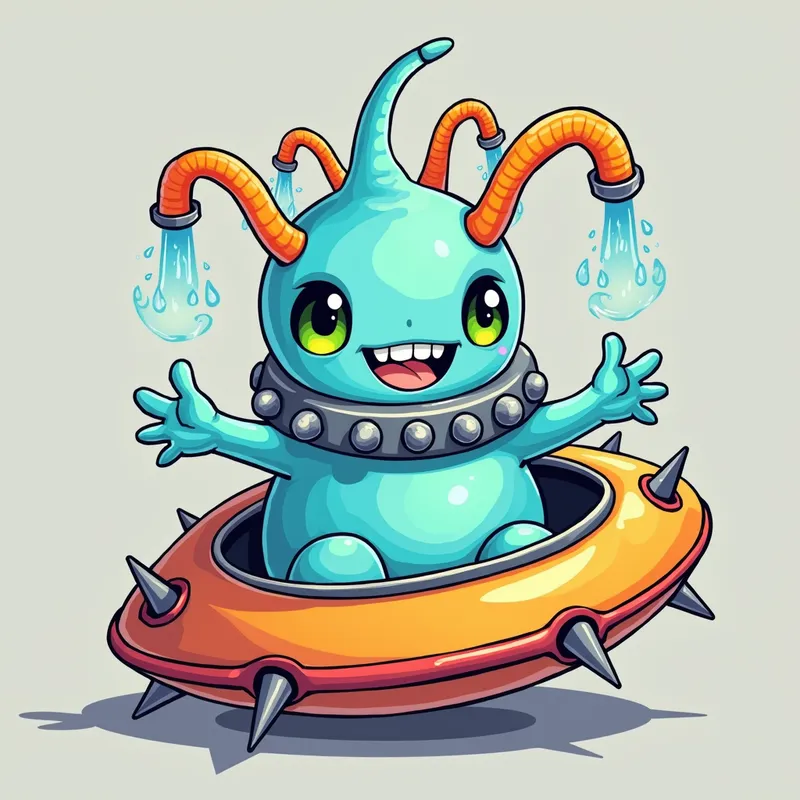 Cartoon Alien Encounter - Detailed line art illustration A cartoonish, bright pastel blue alien creature, positioned centrally in the image. The creature has a bulbous, teardrop shape body, and three large, expressive, light-green eyes.  Three curved, turqoiselur fleshy tube-like appendages extend from its head with orange water spraying from the top. It is wearing a gothic collar with enormous metal spikes sticking out of it. The creature has a cheerful, grinning expression, with visible, cartoonish teeth.  Its arms, also orange, are outstretched in a welcoming gesture. The creature is sitting in a brightly coloured spaceship with metal spokes sticking out from the sides. The background is a plain, light gray. The style is vibrant, playful, and exaggerated, with bold outlines and bright colors. The lighting is even, casting no significant shadows. The creature's pose is friendly and inviting. The overall impression is of a friendly, cartoon alien character. - AI image generated with Photorealistic 2