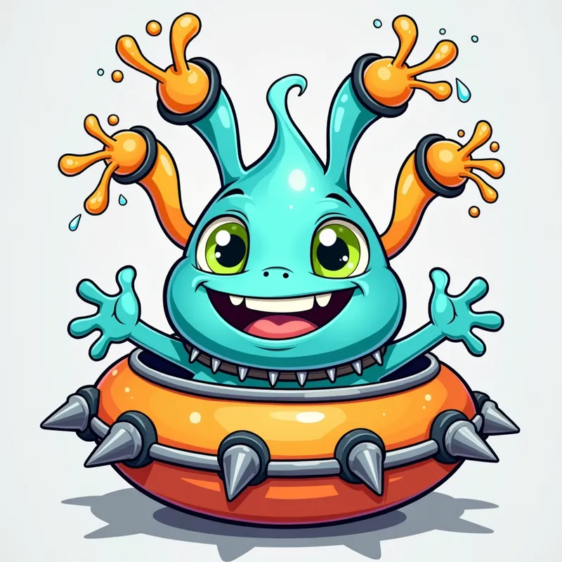 Cartoon Alien Encounter - Detailed line art illustration A cartoonish, bright pastel blue alien creature, positioned centrally in the image. The creature has a bulbous, teardrop shape body, and three large, expressive, light-green eyes. Three curved, turqoiselur fleshy tube-like appendages extend from its head with orange water spraying from the top. It is wearing a gothic collar with enormous metal spikes sticking out of it. The creature has a cheerful, grinning expression, with visible, cartoonish teeth. Its arms, also orange, are outstretched in a welcoming gesture. The creature is sitting in a brightly coloured spaceship with metal spokes sticking out from the sides. The background is a plain, light gray. The style is vibrant, playful, and exaggerated, with bold outlines and bright colors. The lighting is even, casting no significant shadows. The creature's pose is friendly and inviting. The overall impression is of a friendly, cartoon alien character. - AI image generated with Photorealistic 2