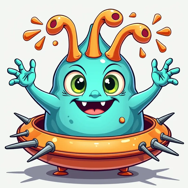 Cartoon Alien Encounter - Detailed line art illustration A cartoonish, bright pastel blue alien creature, positioned centrally in the image. The creature has a bulbous, teardrop shape body, and three large, expressive, light-green eyes. Three curved, turqoiselur fleshy tube-like appendages extend from its head with orange water spraying from the top. It is wearing a gothic collar with enormous metal spikes sticking out of it. The creature has a cheerful, grinning expression, with visible, cartoonish teeth. Its arms, also orange, are outstretched in a welcoming gesture. The creature is sitting in a brightly coloured spaceship with metal spokes sticking out from the sides. The background is a plain, light gray. The style is vibrant, playful, and exaggerated, with bold outlines and bright colors. The lighting is even, casting no significant shadows. The creature's pose is friendly and inviting. The overall impression is of a friendly, cartoon alien character. - AI image generated with Photorealistic 2