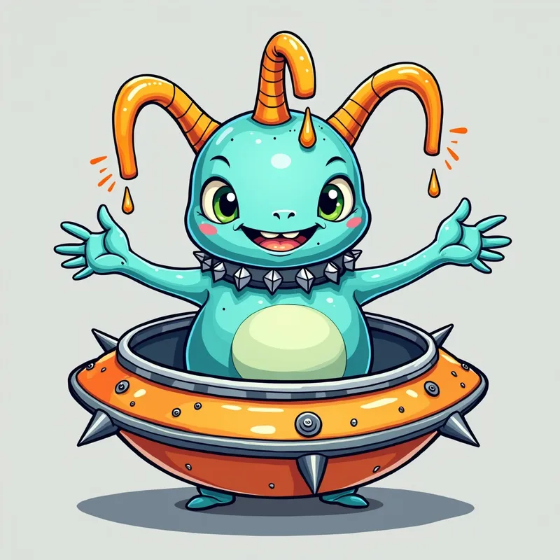 Cartoon Alien Encounter - Detailed line art illustration A cartoonish, bright pastel blue alien creature, positioned centrally in the image. The creature has a bulbous, teardrop shape body, and three large, expressive, light-green eyes. Three curved, turqoiselur fleshy tube-like appendages extend from its head with orange water spraying from the top. It is wearing a gothic collar with enormous metal spikes sticking out of it. The creature has a cheerful, grinning expression, with visible, cartoonish teeth. Its arms, also orange, are outstretched in a welcoming gesture. The creature is sitting in a brightly coloured spaceship with metal spokes sticking out from the sides. The background is a plain, light gray. The style is vibrant, playful, and exaggerated, with bold outlines and bright colors. The lighting is even, casting no significant shadows. The creature's pose is friendly and inviting. The overall impression is of a friendly, cartoon alien character. - AI image generated with Photorealistic 2