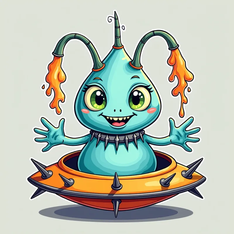 Cartoon Alien Encounter - Detailed line art illustration A cartoonish, bright pastel blue alien creature, positioned centrally in the image. The creature has a bulbous, teardrop shape body, and three large, expressive, light-green eyes. Three curved, turqoiselur fleshy tube-like appendages extend from its head with orange water spraying from the top. It is wearing a gothic collar with enormous metal spikes sticking out of it. The creature has a cheerful, grinning expression, with visible, cartoonish teeth. Its arms, also orange, are outstretched in a welcoming gesture. The creature is sitting in a brightly coloured spaceship with metal spokes sticking out from the sides. The background is a plain, light gray. The style is vibrant, playful, and exaggerated, with bold outlines and bright colors. The lighting is even, casting no significant shadows. The creature's pose is friendly and inviting. The overall impression is of a friendly, cartoon alien character. - AI image generated with Photorealistic 2