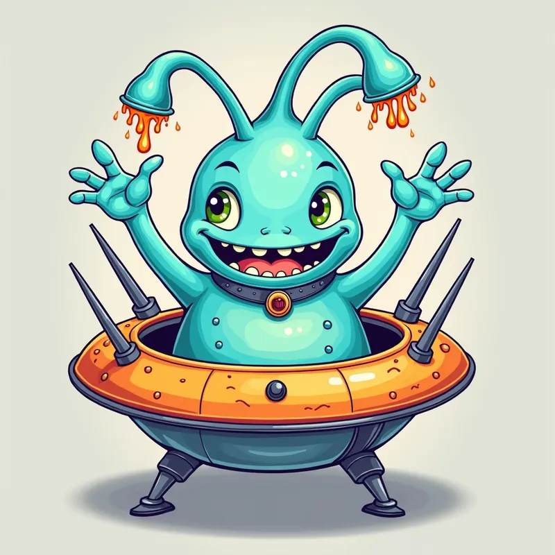 Cartoon Alien Encounter - Detailed line art illustration A cartoonish, bright pastel blue alien creature, positioned centrally in the image. The creature has a bulbous, teardrop shape body, and three large, expressive, light-green eyes.  Three curved, turqoiselur fleshy tube-like appendages extend from its head with orange water spraying from the top. It is wearing a gothic collar with enormous metal spikes sticking out of it. The creature has a cheerful, grinning expression, with visible, cartoonish teeth.  Its arms, also orange, are outstretched in a welcoming gesture. The creature is sitting in a brightly coloured spaceship with metal spokes sticking out from the sides. The background is a plain, light gray. The style is vibrant, playful, and exaggerated, with bold outlines and bright colors. The lighting is even, casting no significant shadows. The creature's pose is friendly and inviting. The overall impression is of a friendly, cartoon alien character. - AI image generated with Photorealistic 2