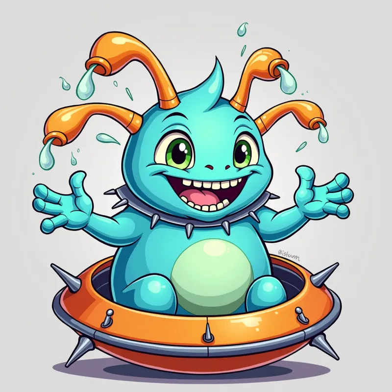 Cartoon Alien Encounter - Detailed line art illustration A cartoonish, bright pastel blue alien creature, positioned centrally in the image. The creature has a bulbous, teardrop shape body, and three large, expressive, light-green eyes. Three curved, turqoiselur fleshy tube-like appendages extend from its head with orange water spraying from the top. It is wearing a gothic collar with enormous metal spikes sticking out of it. The creature has a cheerful, grinning expression, with visible, cartoonish teeth. Its arms, also orange, are outstretched in a welcoming gesture. The creature is sitting in a brightly coloured spaceship with metal spokes sticking out from the sides. The background is a plain, light gray. The style is vibrant, playful, and exaggerated, with bold outlines and bright colors. The lighting is even, casting no significant shadows. The creature's pose is friendly and inviting. The overall impression is of a friendly, cartoon alien character. - AI image generated with Photorealistic 2