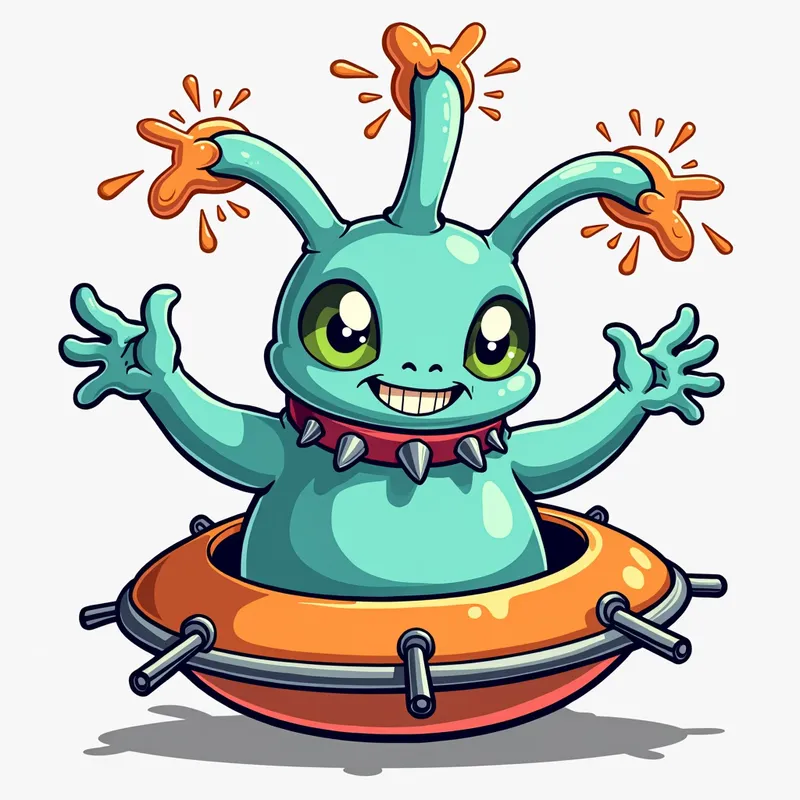 Cartoon Alien Encounter - Detailed line art illustration A cartoonish, bright pastel blue alien creature, positioned centrally in the image. The creature has a bulbous, teardrop shape body, and three large, expressive, light-green eyes.  Three curved, turqoiselur fleshy tube-like appendages extend from its head with orange water spraying from the top. It is wearing a gothic collar with enormous metal spikes sticking out of it. The creature has a cheerful, grinning expression, with visible, cartoonish teeth.  Its arms, also orange, are outstretched in a welcoming gesture. The creature is sitting in a brightly coloured spaceship with metal spokes sticking out from the sides. The background is a plain, light gray. The style is vibrant, playful, and exaggerated, with bold outlines and bright colors. The lighting is even, casting no significant shadows. The creature's pose is friendly and inviting. The overall impression is of a friendly, cartoon alien character. - AI image generated with Photorealistic 2