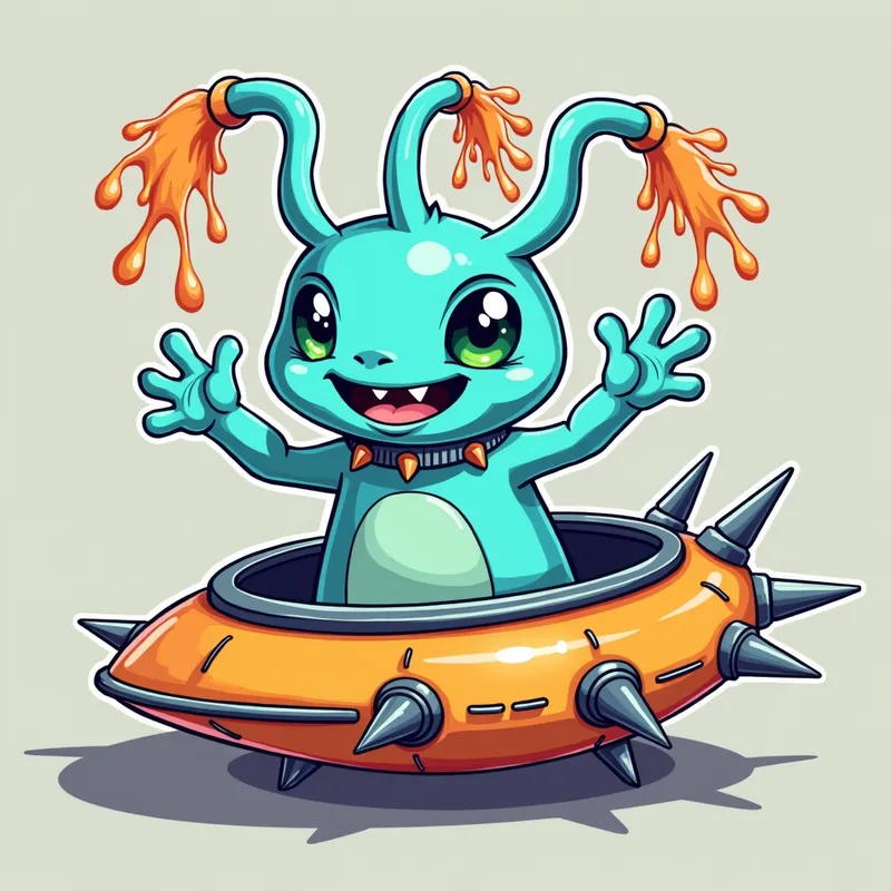 Cartoon Alien Encounter - Detailed line art illustration A cartoonish, bright pastel blue alien creature, positioned centrally in the image. The creature has a bulbous, teardrop shape body, and three large, expressive, light-green eyes.  Three curved, turqoiselur fleshy tube-like appendages extend from its head with orange water spraying from the top. It is wearing a gothic collar with enormous metal spikes sticking out of it. The creature has a cheerful, grinning expression, with visible, cartoonish teeth.  Its arms, also orange, are outstretched in a welcoming gesture. The creature is sitting in a brightly coloured spaceship with metal spokes sticking out from the sides. The background is a plain, light gray. The style is vibrant, playful, and exaggerated, with bold outlines and bright colors. The lighting is even, casting no significant shadows. The creature's pose is friendly and inviting. The overall impression is of a friendly, cartoon alien character. - AI image generated with Photorealistic 2
