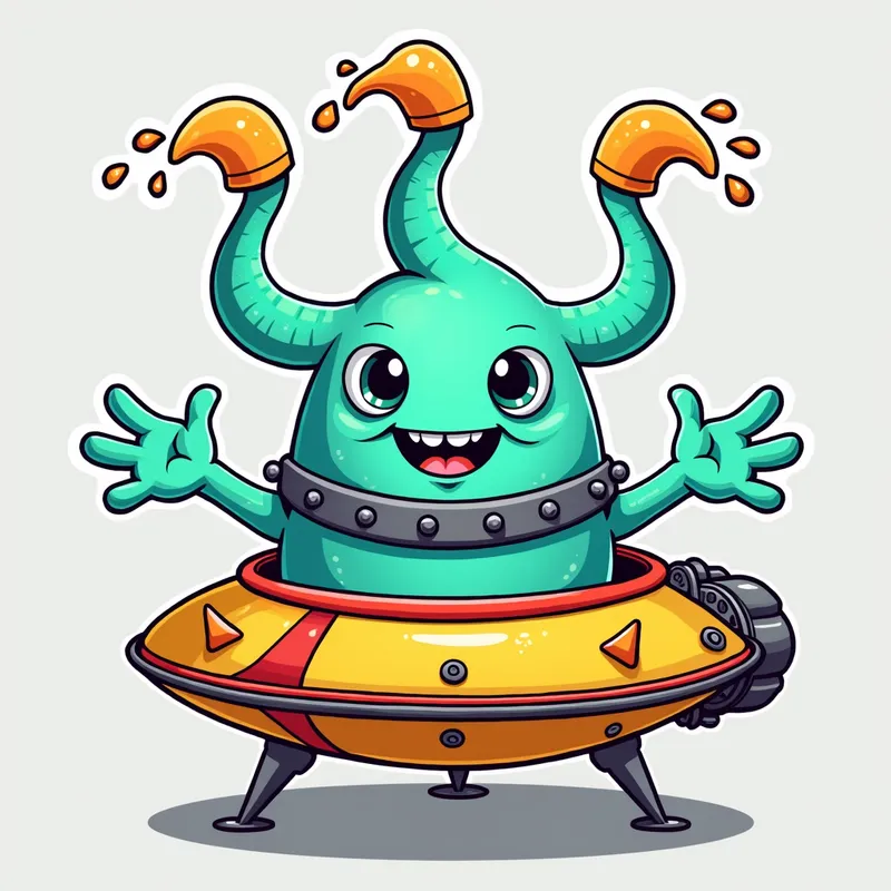 Cartoon Alien Encounter - Detailed line art illustration A cartoonish, bright pastel blue alien creature, positioned centrally in the image. The creature has a bulbous, teardrop shape body, and three large, expressive, light-green eyes.  Three curved, turqoiselur fleshy tube-like appendages extend from its head with orange water spraying from the top. It is wearing a gothic collar with enormous metal spikes sticking out of it. The creature has a cheerful, grinning expression, with visible, cartoonish teeth.  Its arms, also orange, are outstretched in a welcoming gesture. The creature is sitting in a brightly coloured spaceship with metal spokes sticking out from the sides. The background is a plain, light gray. The style is vibrant, playful, and exaggerated, with bold outlines and bright colors. The lighting is even, casting no significant shadows. The creature's pose is friendly and inviting. The overall impression is of a friendly, cartoon alien character. - AI image generated with Photorealistic 2
