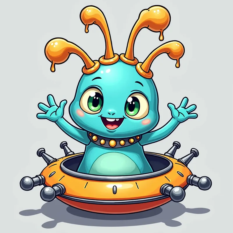 Cartoon Alien Encounter - Detailed line art illustration A cartoonish, bright pastel blue alien creature, positioned centrally in the image. The creature has a bulbous, teardrop shape body, and three large, expressive, light-green eyes.  Three curved, turqoiselur fleshy tube-like appendages extend from its head with orange water spraying from the top. It is wearing a gothic collar with enormous metal spikes sticking out of it. The creature has a cheerful, grinning expression, with visible, cartoonish teeth.  Its arms, also orange, are outstretched in a welcoming gesture. The creature is sitting in a brightly coloured spaceship with metal spokes sticking out from the sides. The background is a plain, light gray. The style is vibrant, playful, and exaggerated, with bold outlines and bright colors. The lighting is even, casting no significant shadows. The creature's pose is friendly and inviting. The overall impression is of a friendly, cartoon alien character. - AI image generated with Photorealistic 2