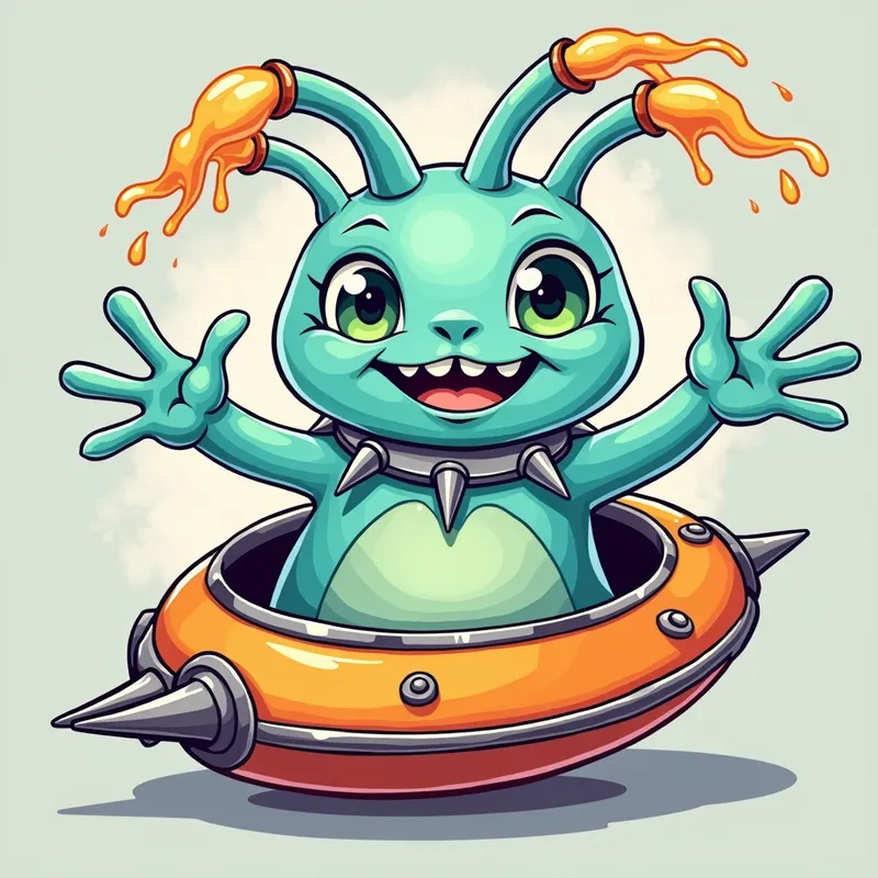 Cartoon Alien Encounter - Detailed line art illustration A cartoonish, bright pastel blue alien creature, positioned centrally in the image. The creature has a bulbous, teardrop shape body, and three large, expressive, light-green eyes. Three curved, turqoiselur fleshy tube-like appendages extend from its head with orange water spraying from the top. It is wearing a gothic collar with enormous metal spikes sticking out of it. The creature has a cheerful, grinning expression, with visible, cartoonish teeth. Its arms, also orange, are outstretched in a welcoming gesture. The creature is sitting in a brightly coloured spaceship with metal spokes sticking out from the sides. The background is a plain, light gray. The style is vibrant, playful, and exaggerated, with bold outlines and bright colors. The lighting is even, casting no significant shadows. The creature's pose is friendly and inviting. The overall impression is of a friendly, cartoon alien character. - AI image generated with Photorealistic 2