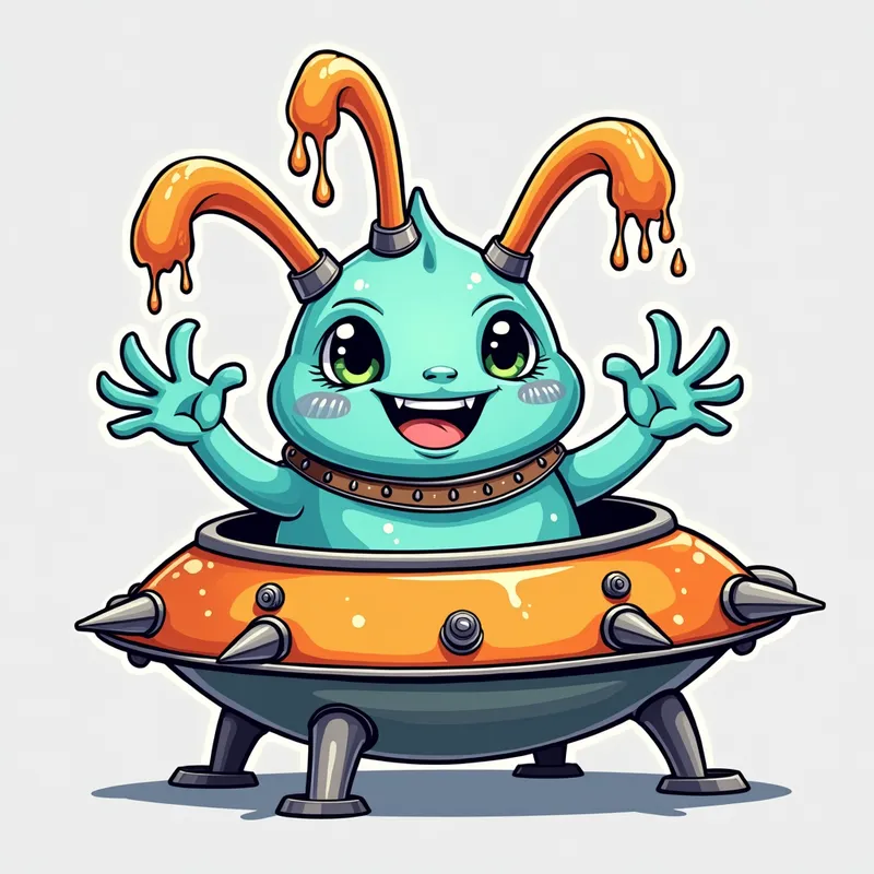 Cartoon Alien Encounter - Detailed line art illustration A cartoonish, bright pastel blue alien creature, positioned centrally in the image. The creature has a bulbous, teardrop shape body, and three large, expressive, light-green eyes. Three curved, turqoiselur fleshy tube-like appendages extend from its head with orange water spraying from the top. It is wearing a gothic collar with enormous metal spikes sticking out of it. The creature has a cheerful, grinning expression, with visible, cartoonish teeth. Its arms, also orange, are outstretched in a welcoming gesture. The creature is sitting in a brightly coloured spaceship with metal spokes sticking out from the sides. The background is a plain, light gray. The style is vibrant, playful, and exaggerated, with bold outlines and bright colors. The lighting is even, casting no significant shadows. The creature's pose is friendly and inviting. The overall impression is of a friendly, cartoon alien character. - AI image generated with Photorealistic 2